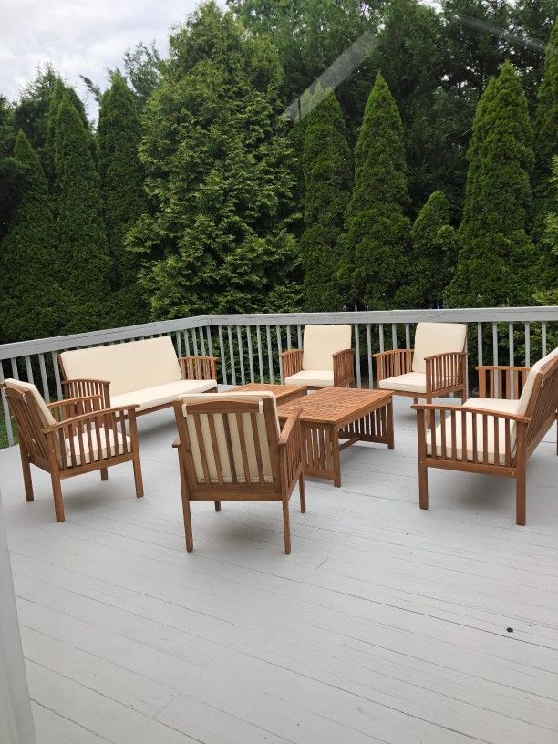 Outdoor patio wood 8 piece conversation set, 2 loveseat with 4 chairs and 2 coffee table 