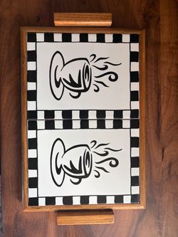 Vintagw Wooden Tile Serving Tray with Coffee Cup Design