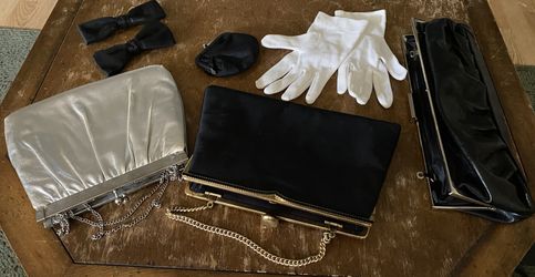 3 Vintage Purses, Bow Ties, Gloves