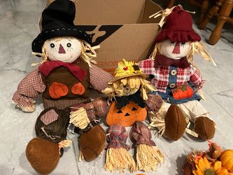 Fall Autumn Harvest Decor. 22” Tall Plush Sitting Scarecrow Couple, plus extras