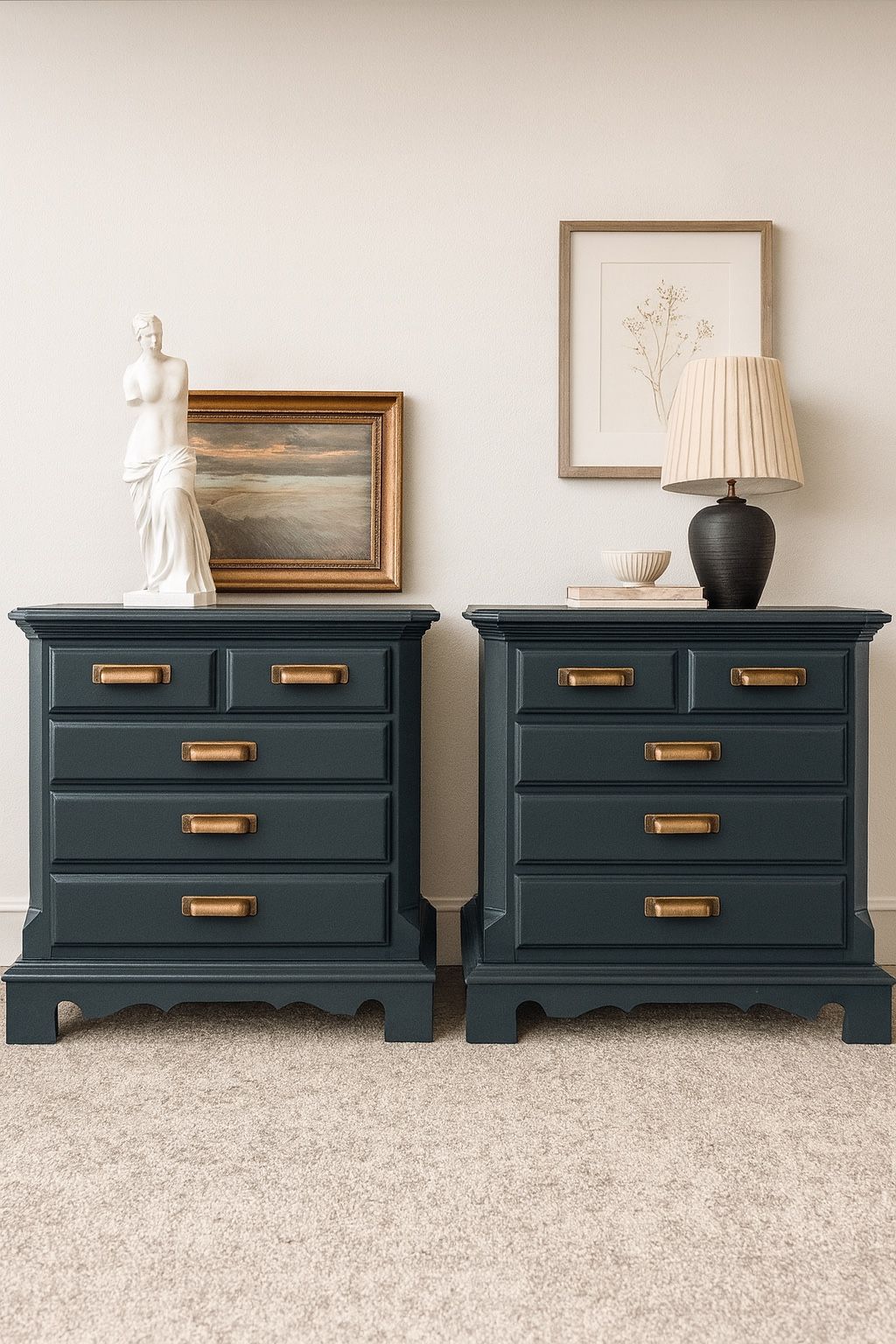 Stunning Two Toned American Oak Nightstand Set / Endtables / Side tables In Deep Navy Color 