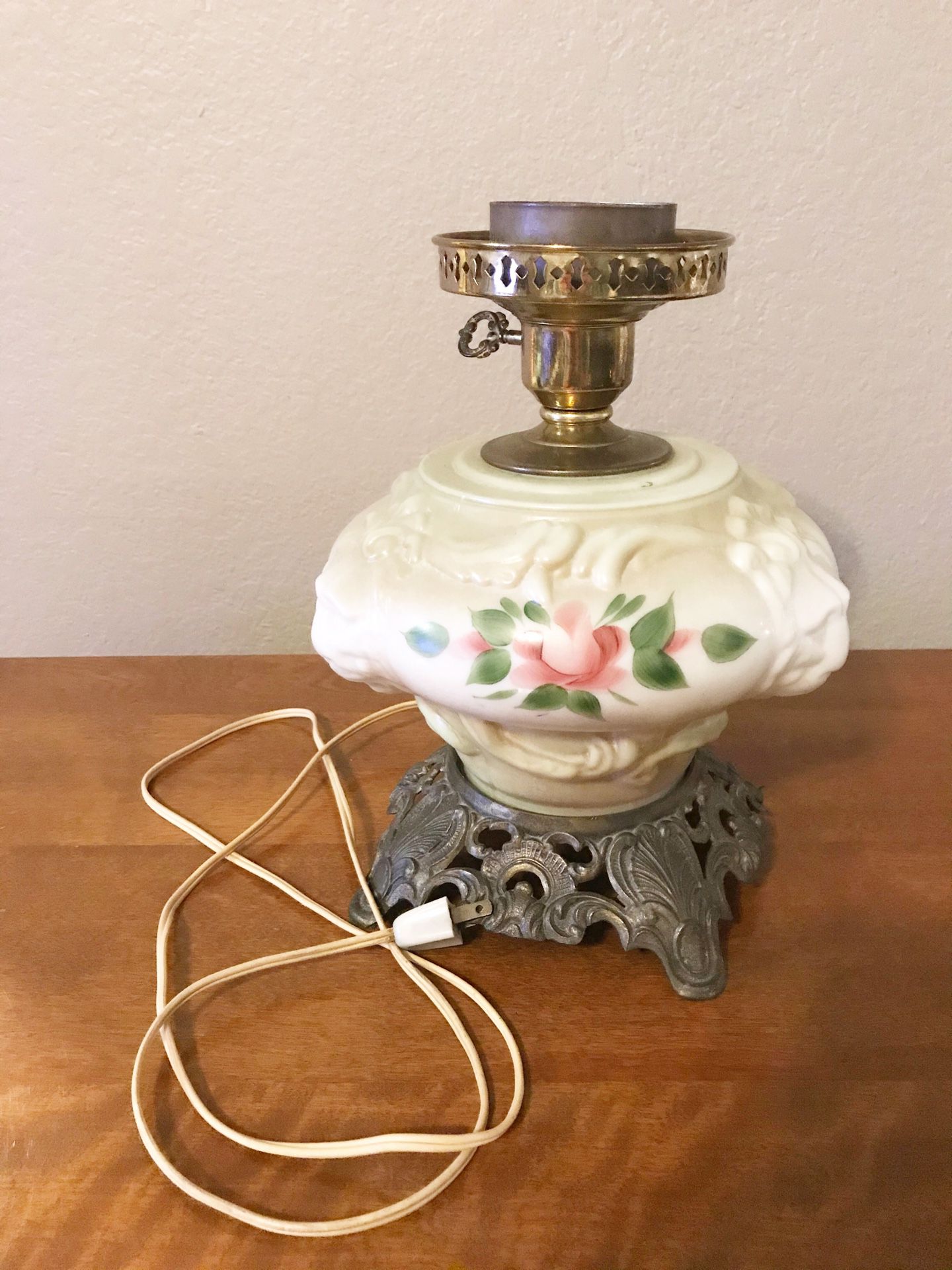 Vintage Lions Head Hurricane Lamp With Hand Painted Flowers