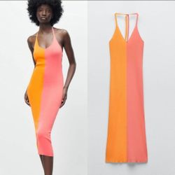 Zara Tied Knit Halter Pink & Orange Colorblock Midi Dress Size S