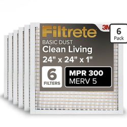 3m Filtrete 24x24x1 Air Filter, MPR 300, MERV 5, Clean Living Basic Dust 3-Month Pleated 1-Inch Air Filters, 6 Filters