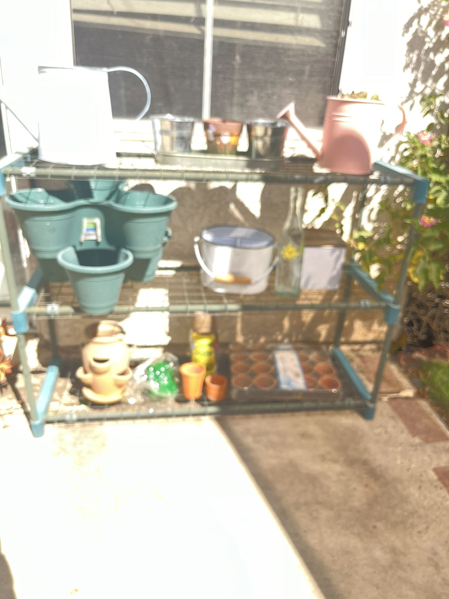 Plant items Lot of potting supplies and Plant Shelf, 3 Levels,