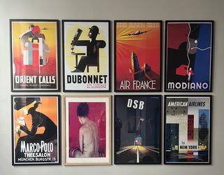 Set of 8 Large Framed Vintage Art & Travel Posters