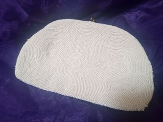 *VINTAGE 50s WHITE BEADED EVENING CLUTCH PURSE SAKS 5TH AVENUE PROM BRIDAL*