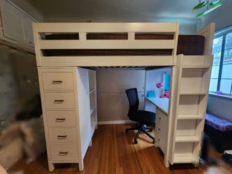 White Twin Loft Bed with Desk & Accessories – $750 OBO