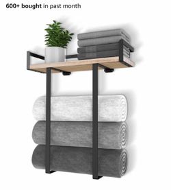 Towel Racks for Bathroom Wall Mounted, Metal Towel Holder with Wooden Shelf for Folding Large Towels, Towel Storage for Small Bathroom Organizer Decor