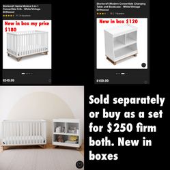 New in box sold separately or together  Crib new in box $180 Changing table new in box $120 Or take both for $250. Firm no lower  Cash only East Palmd