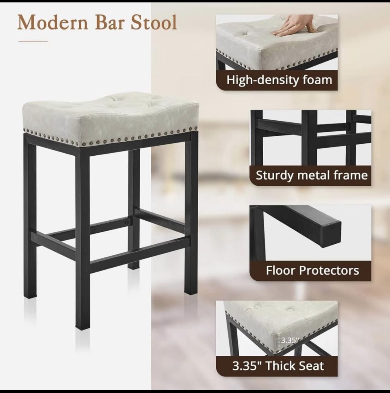 LUE BONA Bar stools Set of 2, 24 Inch Saddle Square Counter Height Bar Stools for Kitchen Island, Modern Backless Faux Leather Counter Stools with Bro
