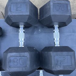 80lb Hex Rubber Dumbbell Set Weights 
