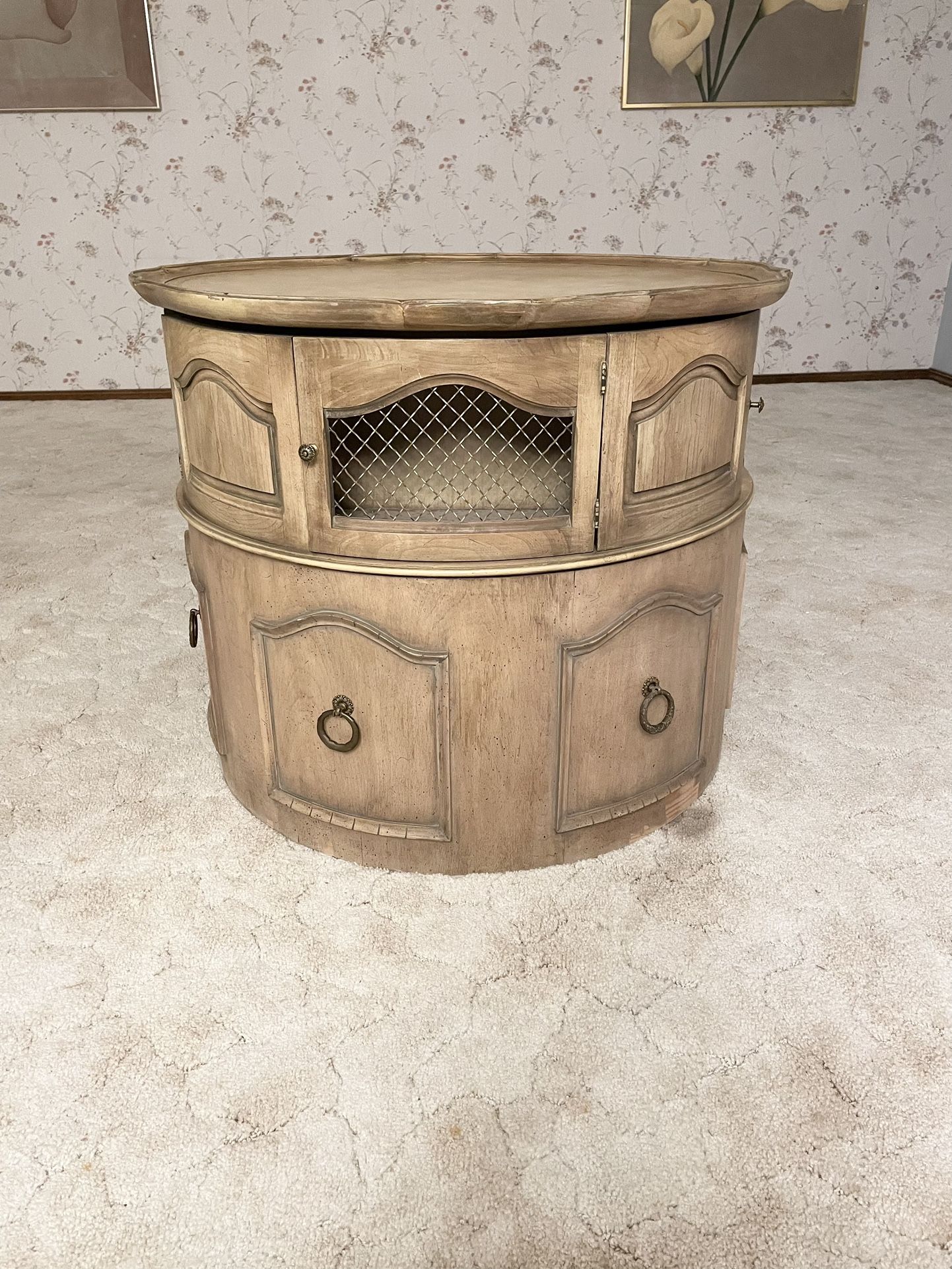 32” Across Vintage Mid Century French Provincial Drum Table