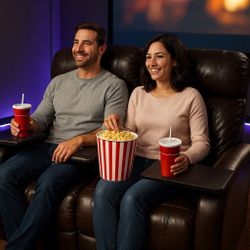 Top Quality Leather Recliners - Loveseat Pair With Tray Tables, Lights, Cup Holders, & Chargers