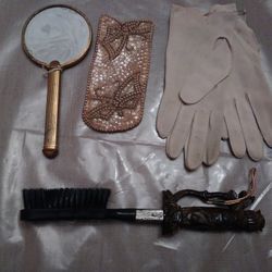 Vintage Gloves, Eyeglass Case, Mirror And Shoebrush