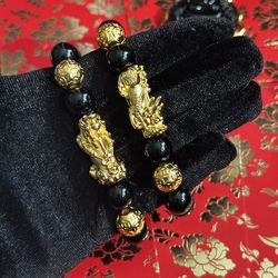 24K Gold PLATED Pixiu Obsidian Bead Bracelet