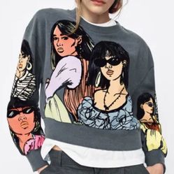 Zara Anthracite Grey Contrast Girl Graphic Sweatshirt 