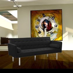 New In Box Sofa, coach, futon bedin black. Great for Guest room or office. NEW SEALED IN BOX. A square arm sleeper sofa can be converted to a fully fu