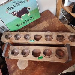 Two Rustic Wood Holders with metal handles. Use for plant vases or candles.  Center piece $8 & $10