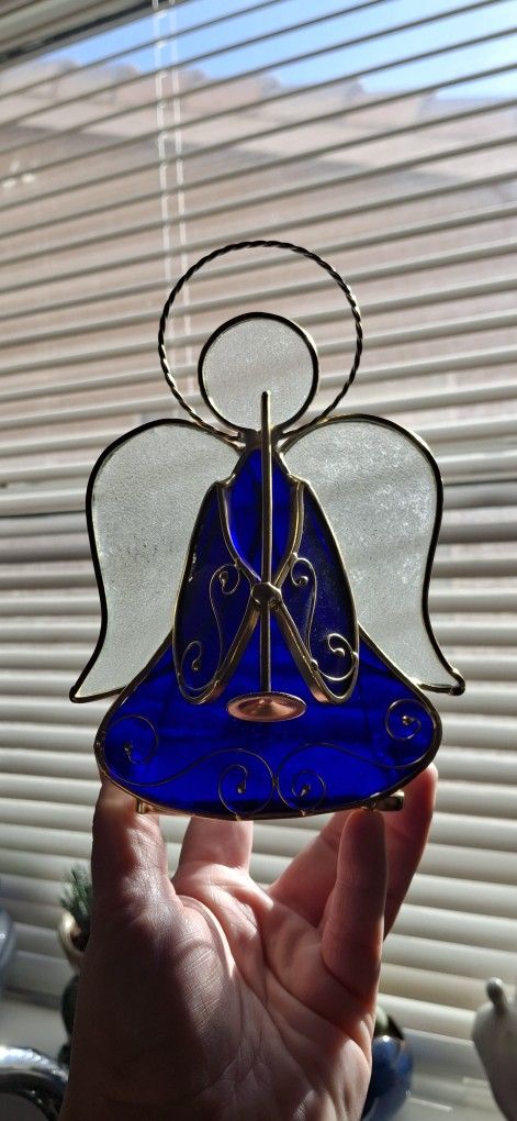 Vintage Trumpet Holding Angel Stained Glass Cobalt Blue Tea Light Holder 8x5x4