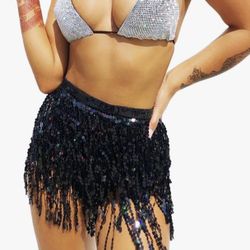 One Size Black Women Boho Beach Sequin Tassel Mini Skirts Music Festival Party Club Hip Scarf Belt Wrap Skirt