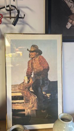 This is a vintage 1979 offset lithograph art print titled "Cowboy with Coors" or "Taste the High Country" by artist Gordon Snidow.