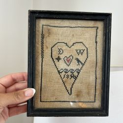 Framed Primitive Folk Art Sampler by Donna Whitmore Vintage Style Primitive  Heart Hand Stitch