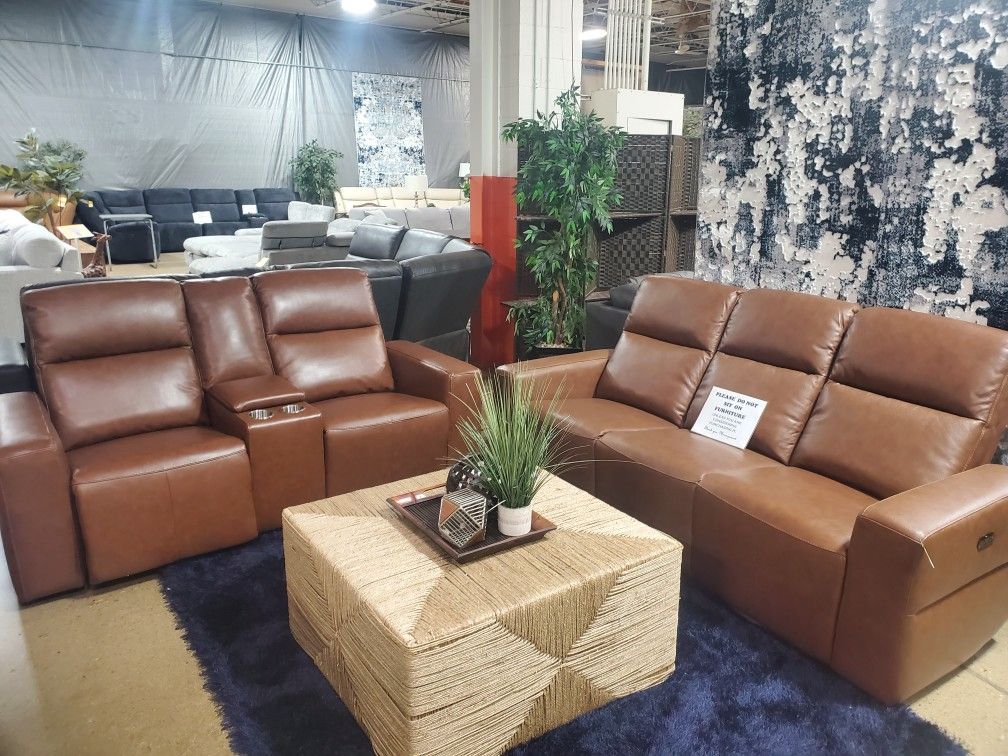 Leather Brown Power Sofa With Loveseat (New)