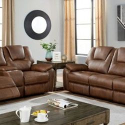 Brand New Brown Leatherette Power Recliner Built-in In Usb Charger & Console Storage Sofa And Love Seat