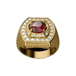 Men's Ring Embedded Red Ruby Gold Plated Alloy Geometric Pattern Craft Ins Style
