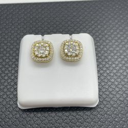 3mm Wide, Square/ Round Earrings - Moissanite Diamonds & 925 Silver With Gold Over