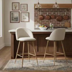 26 in. Modern Swivel Upholstered Counter Height Bar Stool with Curved Back Ivory White