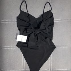New FOREVER 21 Bodysuit Small Cheeky BIG TIE BACK BOW Stretchy Slinky Black.  