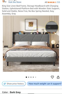 King Size Linen Bed Frame, Storage Headboard with Charging Station, Upholstered Platform Bed with Wooden Slats Support, Solid and Stable, Noise Free, 
