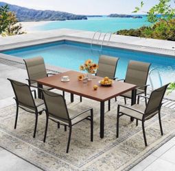 7 Piece Metal Outdoor Dining Set with 63 in. Walnut Rectangle Table and 6 Brown Stackable Padded Textilene Dining Chairs