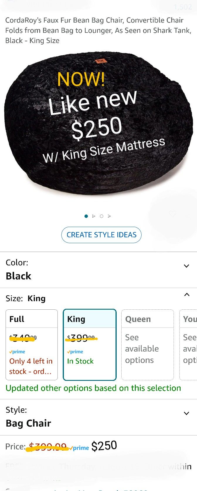 Fur™by Cordaroy's BEAN BAG CHAIR w/King Mattress & FOOTSTOOL