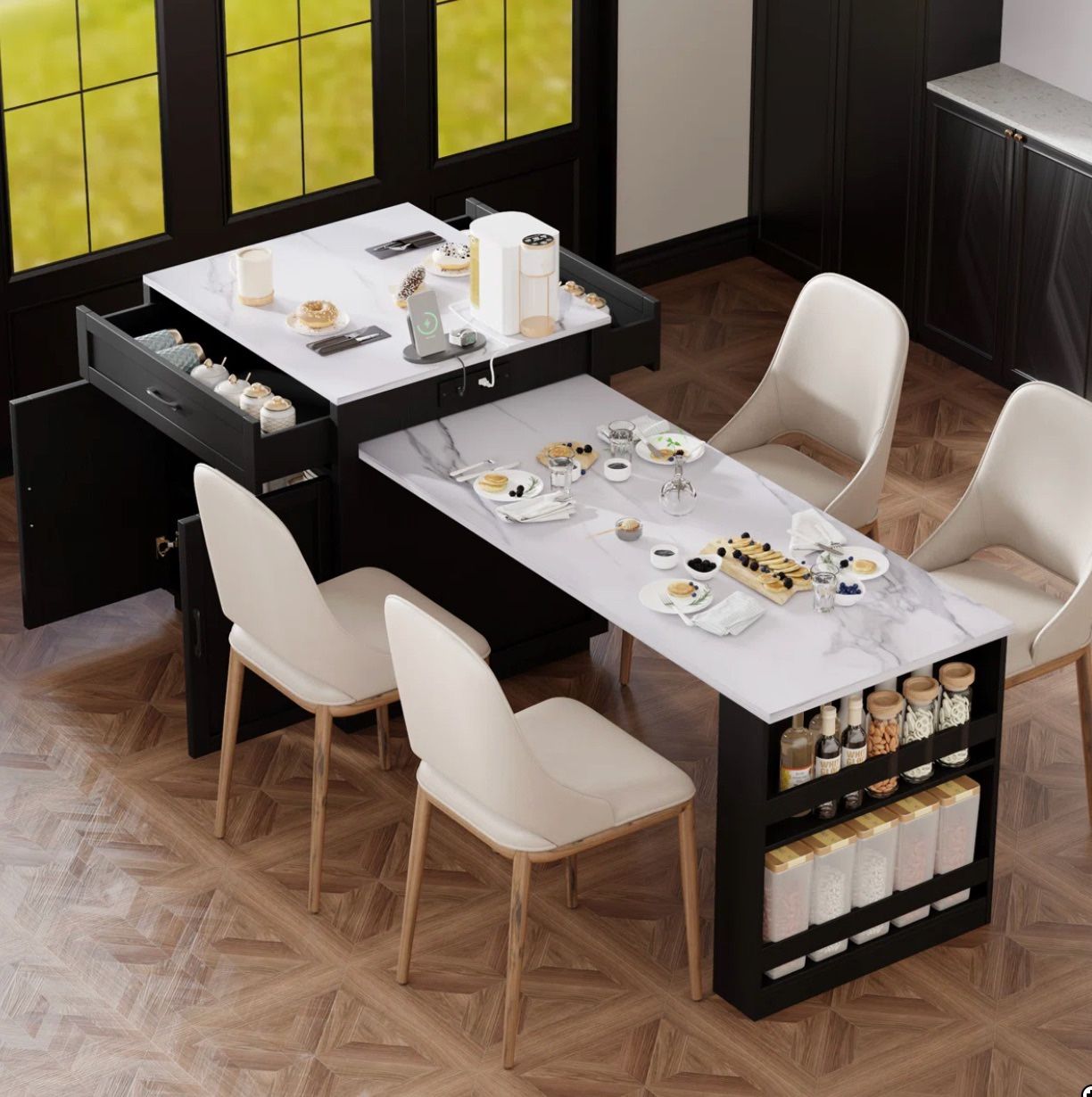 Modern Kitchen Island with Extendable Table, Outlets – Brand New, Never Used