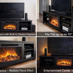 Modern TV Stand with Built-In Electric Fireplace – Entertainment Center Console for TVs up to 75”