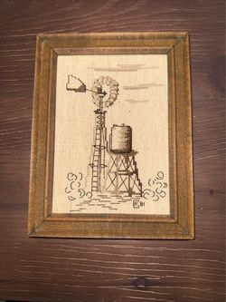 Vintage Framed Needlepoint Windmill Scene “1981” 6.5”x8.5”