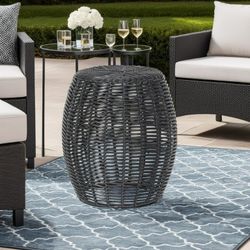Abble Patio Side Table, Wicker Small Round Metal End Table, Rattan Accent Table for Outside Garden Stool, Outdoor Ottoman