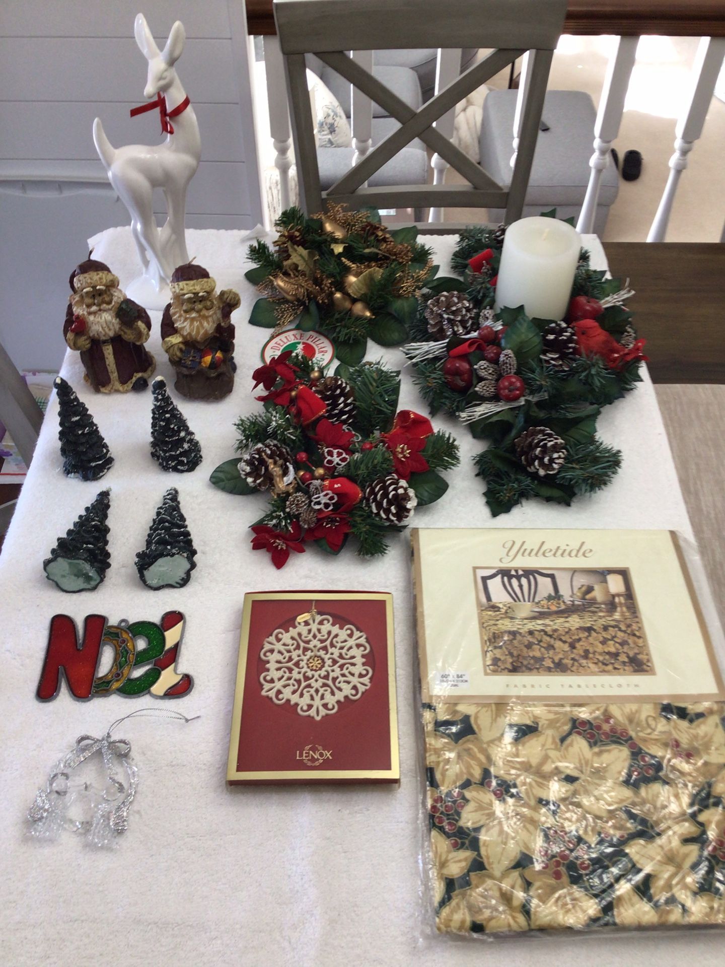 Vintage Christmas Decorations Porcelain Signed Deer, Hand Spun Glass Angels, Yuletide Tablecloth