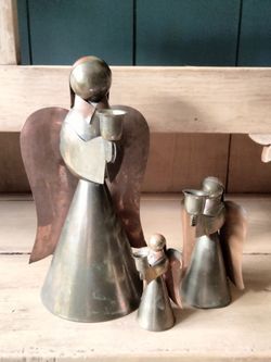 Three Vintage MCM Mid-century Modern Copper Brass Angel Candle Holder Christmas Holidays