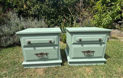Pair of Matching Vintage Boho Cottage Wooden Nightstands With Drawers