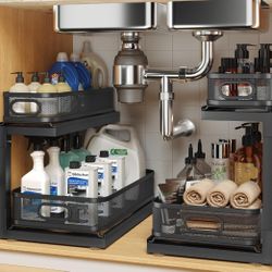 2-Pack Under Sink Storage Organizer With 2-Tier Slide Out Drawer, Sophisticated Mesh Pull Out Shelf For Kitchen & Bathroom, Fits Small Items