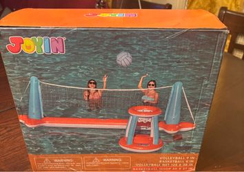 JOYIN inflatable pool float set with a basketball hoop and volleyball net.