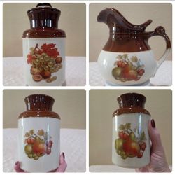 1970's McCoy Fruit Festival Harvest Pear Grape Nuts Milk Can Canister Set + Pitcher