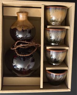 Ceramic Sake Set with 4 Cups – Tenmoku Hare's Fur Glaze Tea/Sake Gift Set