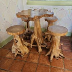 Teak Wooden Table With 4 Stools