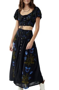 Free People Easy to Love Black and Blue Floral Crop Corset Blouse Top XS $148