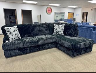 Black Ribbed Fabric Sectional Sofa with Chaise